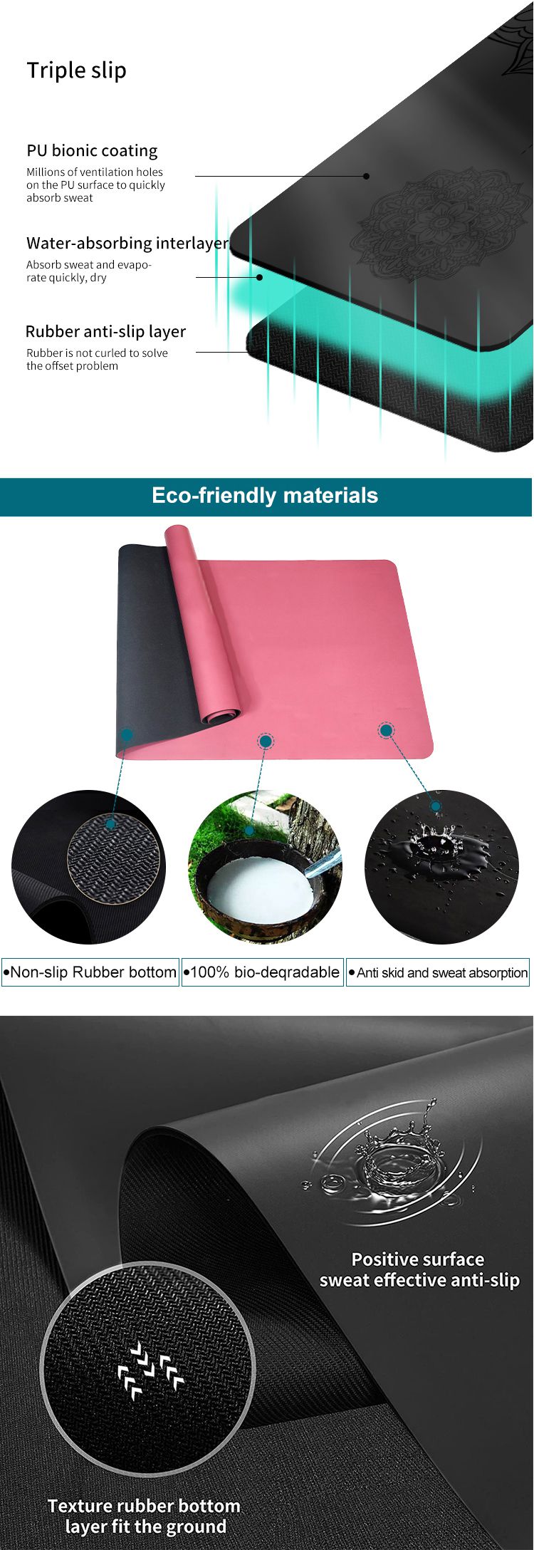 Tappetino da yoga in gomma PU ad alta densità con presa superiore per lo yoga caldo Tappetino da yoga in gomma PU ad alta densità con presa superiore per lo yoga caldo
