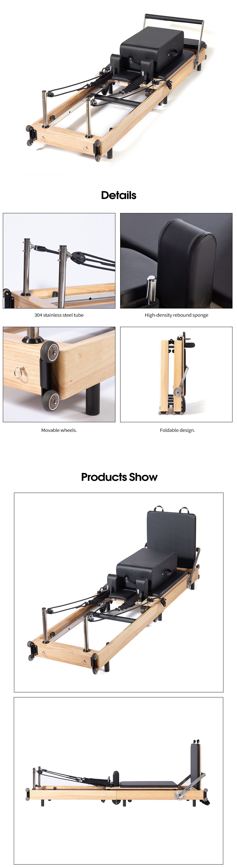 Riformatore di pilates pieghevoli senza giunto in quercia